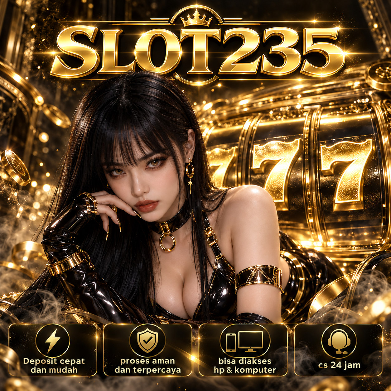 Poster pertama SLOT235 bernuansa hitam emas dengan latar mesin permainan